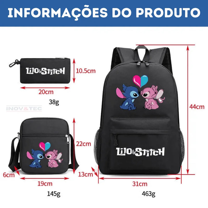 Mochila Infantil Stitch Lovers - Com Lancheira e Estojo de Brinde -Fofura Total em Forma De mochila