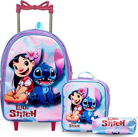 Kit Mochila de Rodinha Escolar Lilo & Stitch Infantil Feminino + Lancheira Termica + Estojo Grande Menina