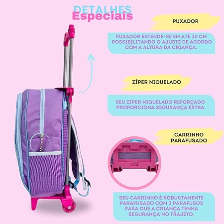 Kit Mochila de Rodinha Escolar Lilo & Stitch Infantil Feminino + Lancheira Termica + Estojo Grande Menina