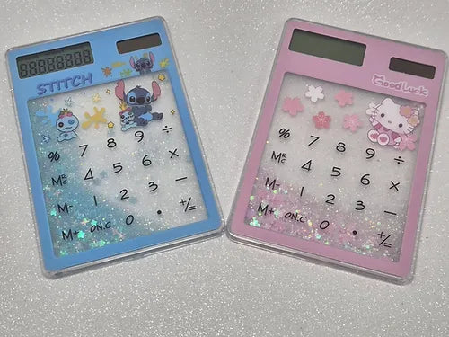 Calculadora Solar Glitter e Água Touch Fofa - Stitch, Hello Kitty ou Gatinho