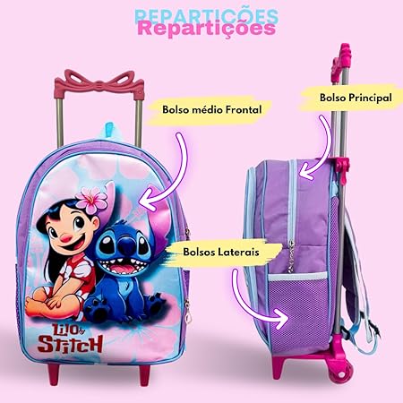 Kit Mochila de Rodinha Escolar Lilo & Stitch Infantil Feminino + Lancheira Termica + Estojo Grande Menina