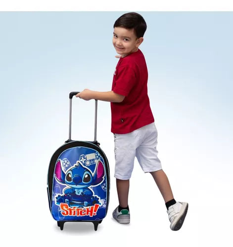 Kit Escolar Stitch Infantil Menino Mochila C/Rodinha, Estojo e Lancheira Térmica