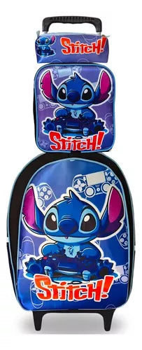 Kit Escolar Stitch Infantil Menino Mochila C/Rodinha, Estojo e Lancheira Térmica