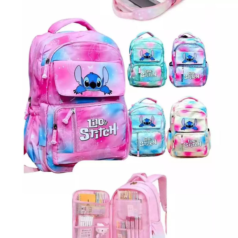 MOCHILA JUVENIL STITCH COM VARIOS BOLSOS COSTAS GRANDE RESISTENTE