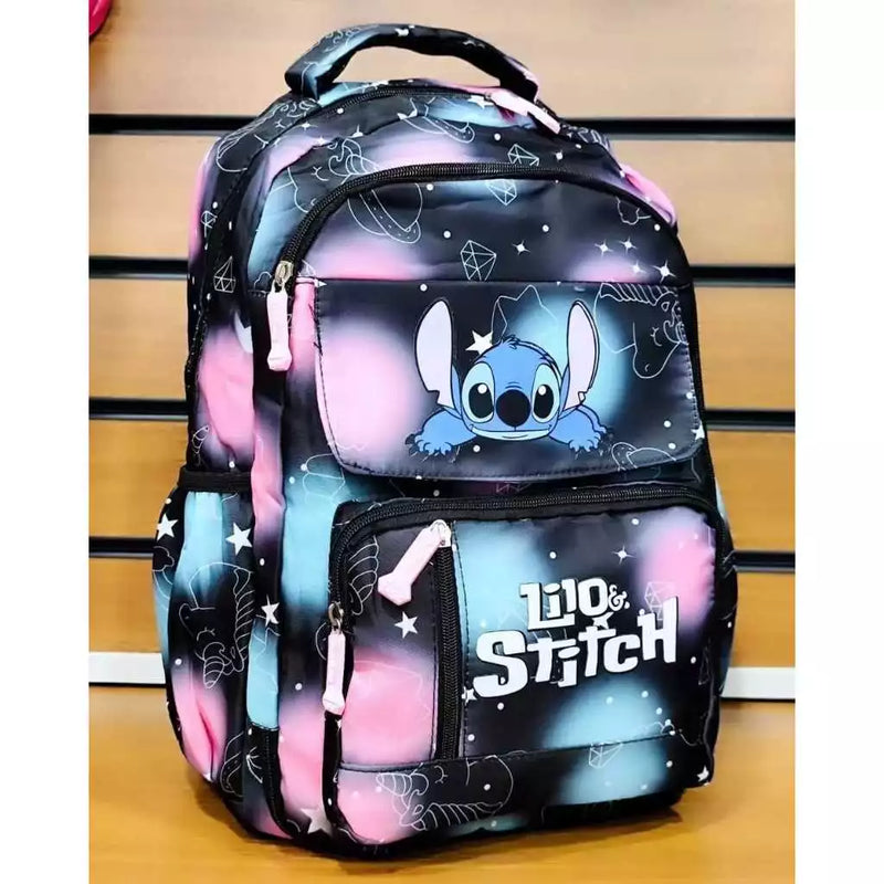 MOCHILA JUVENIL STITCH COM VARIOS BOLSOS COSTAS GRANDE RESISTENTE