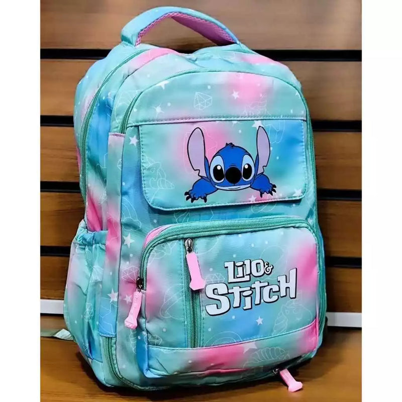 MOCHILA JUVENIL STITCH COM VARIOS BOLSOS COSTAS GRANDE RESISTENTE