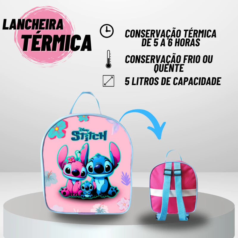 Mochila Escolar de rodinha Stitch + Lancheira TÉRMICA + Estojo