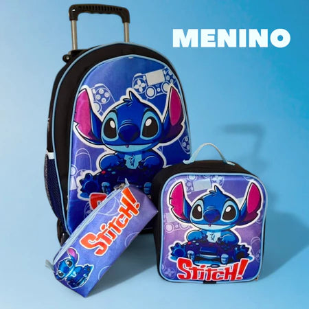 Kit Escolar Stitch Infantil Menino Mochila C/Rodinha, Estojo e Lancheira Térmica