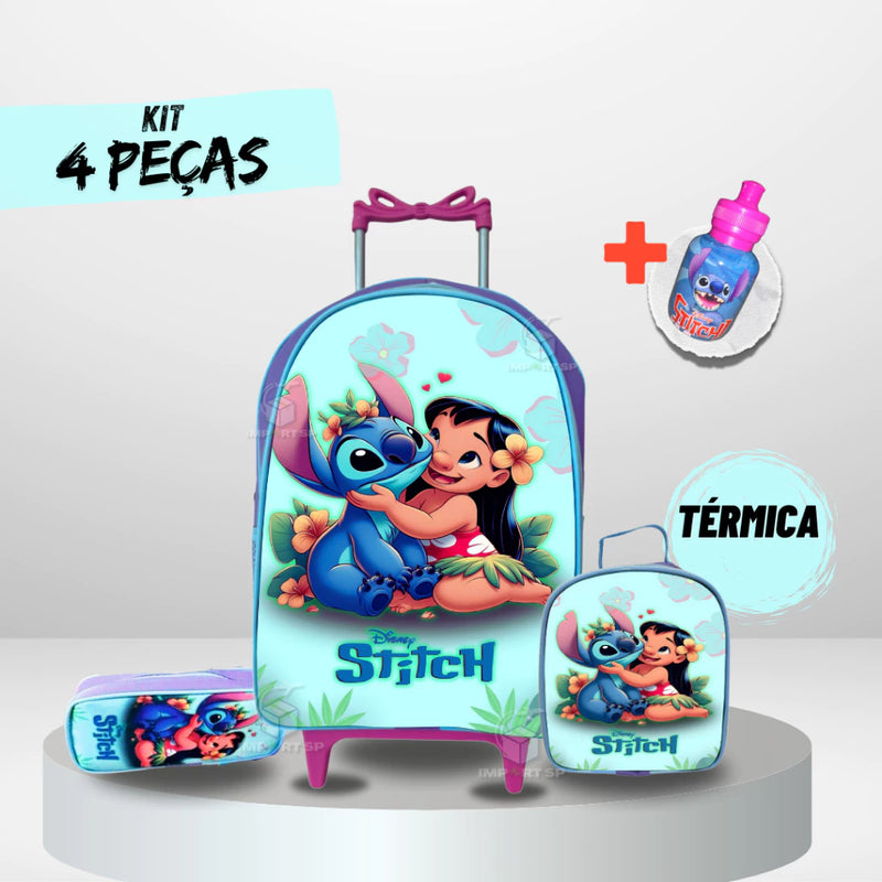 Mochila Escolar de rodinha Stitch + Lancheira TÉRMICA + Estojo