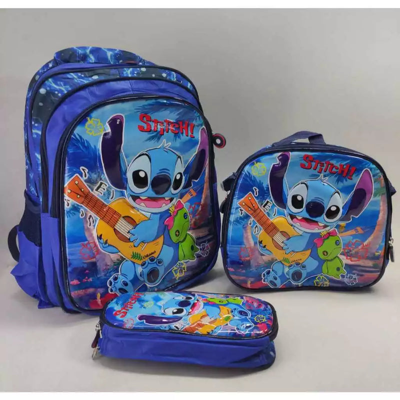 Kit Mochila escolar infantil de costas 3D Stitch - Com lancheira e Estojo