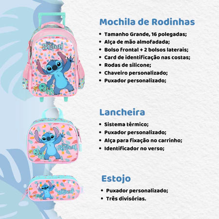 Kit Mochila De Rodinha com Lancheira e Estojo Stitch