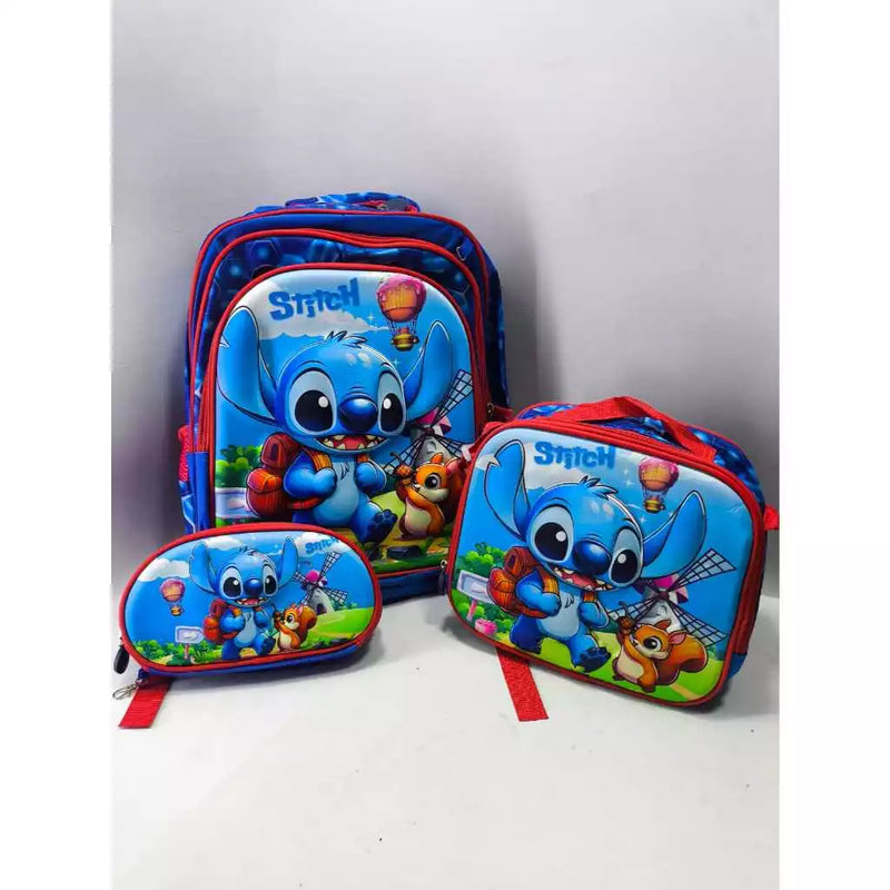 Kit Mochila escolar infantil de costas 3D Stitch - Com lancheira e Estojo