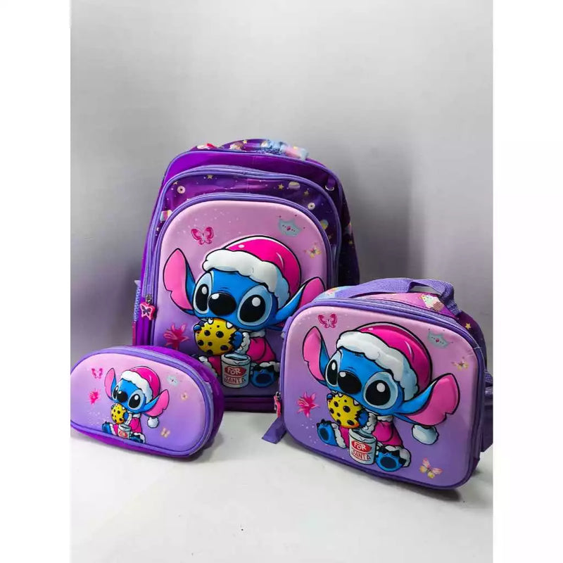 Kit Mochila escolar infantil de costas 3D Stitch - Com lancheira e Estojo