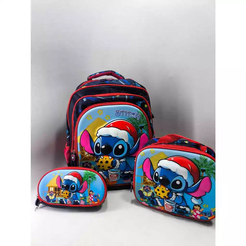 Kit Mochila escolar infantil de costas 3D Stitch - Com lancheira e Estojo