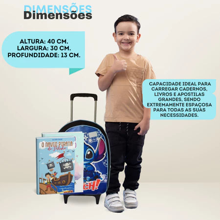 Kit Escolar Stitch Infantil Menino Mochila C/Rodinha, Estojo e Lancheira Térmica